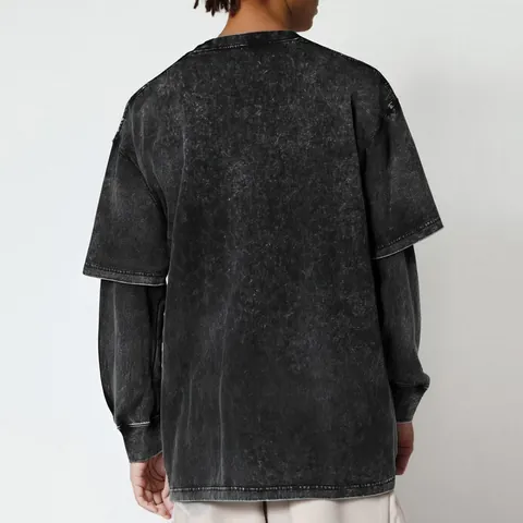 Camiseta de Manga Larga de Dos Piezas Falsas de Algodón Lavado Vintage para Hombre Estilo Retro Acid Wash Oversized