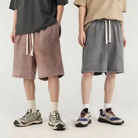 Men's Vintage Washed Cotton Shorts Summer Heavyweight Oversized Casual Streetwear Sports Gym Shorts Bottom With Drawstring