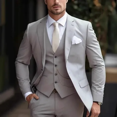 Heren Slim Fit Driedelige Kostuumset Zakelijke Bruiloft Groomsman Blazer Vest Broek Effen Kleur Formele Set