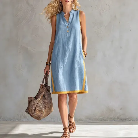 Women Summer V Neck Sleeveless Cotton Linen Dress Loose Casual Patchwork Contrast Piping Midi Dress Holiday Style Sundress