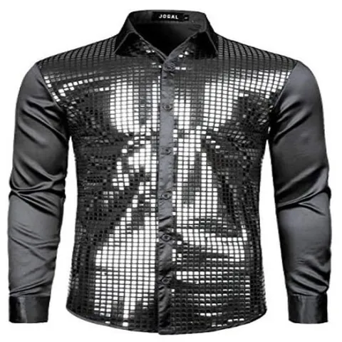 Men Metallic Sequin Patchwork Long Sleeve Shirt Shiny Disco Party Stage Wear Top Fashion Punk Turn Down Collar Button Up Shirt