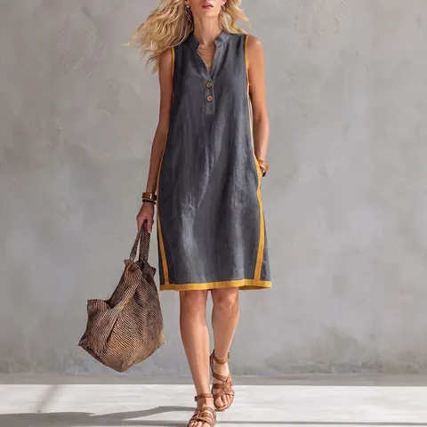 Women Summer V Neck Sleeveless Cotton Linen Dress Loose Casual Patchwork Contrast Piping Midi Dress Holiday Style Sundress