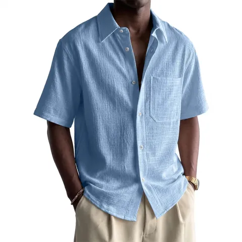 Camicia da Uomo Casual a Maniche Corte in Cotone e Lino Vestibilità Comoda Top con Bottoni con Tasca Moda Estiva Tinta Unita Camicia Traspirante Smart Casual per Uomo