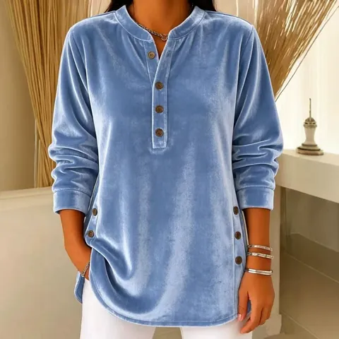 Women's Casual V-Neck Button Velvet T-Shirt Long Sleeve Loose Top For Autumn Winter Solid Color Leisure Blouse For Ladies