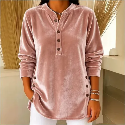 Women's Casual V-Neck Button Velvet T-Shirt Long Sleeve Loose Top For Autumn Winter Solid Color Leisure Blouse For Ladies