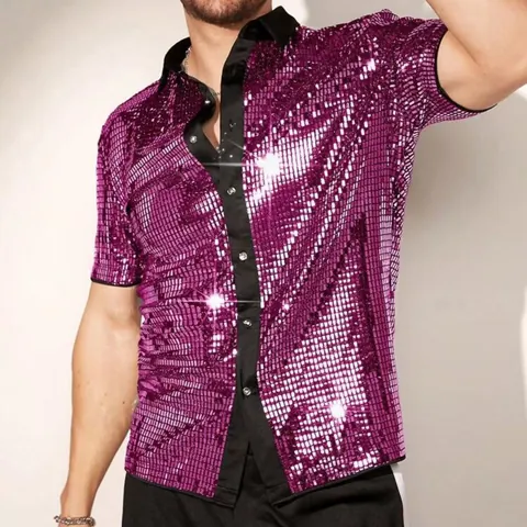 Camisa de Manga Corta con Lentejuelas para Hombre Personalizada Tendencia Transpirable Brillante Color Contraste Cuello Cuadrado Patchwork Top Club Fiesta Escenario Actuación Ropa