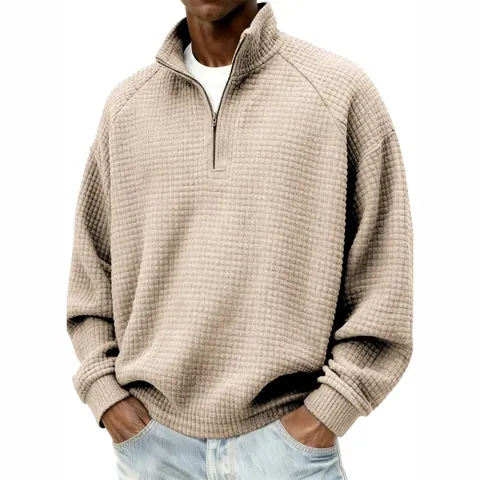 Sweatshirt Homme Rétro en Maille Gauffrée Demi Fermeture Éclair Col Montant Couleur Unie Manches Longues Haut Décontracté Ample Pullover en Polyester