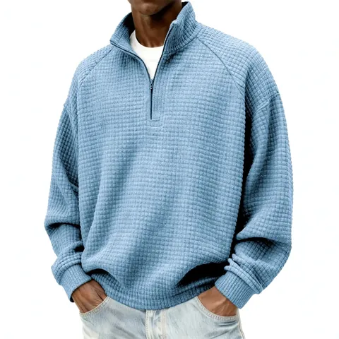 Sweatshirt Homme Rétro en Maille Gauffrée Demi Fermeture Éclair Col Montant Couleur Unie Manches Longues Haut Décontracté Ample Pullover en Polyester