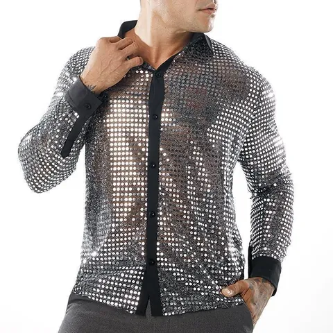 Camisa de Manga Larga con Lentejuelas para Hombre Ropa de Performance de Fiesta Disco de los 70 Top Metálico Brillante Retro para Hombre