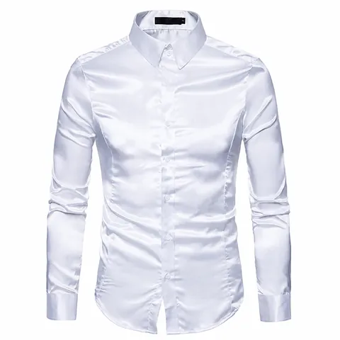 Men's Casual Fashion Glossy Satin Long Sleeve Turn-Down Collar Dress Shirt For Business Party Men Clothing Top