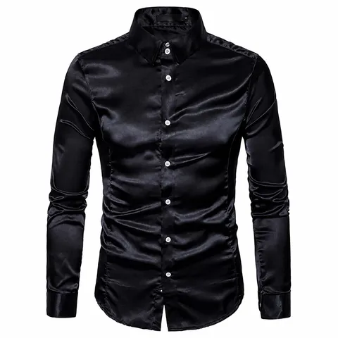 Men's Casual Fashion Glossy Satin Long Sleeve Turn-Down Collar Dress Shirt For Business Party Men Clothing Top