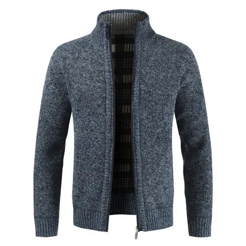 Men's Casual Knit Cardigan Sweater Jacket Wool Blend Stand Collar Zipper Thick Warm Melange Knitted Coat With Plaid Lining