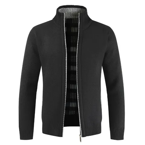 Men's Casual Knit Cardigan Sweater Jacket Wool Blend Stand Collar Zipper Thick Warm Melange Knitted Coat With Plaid Lining