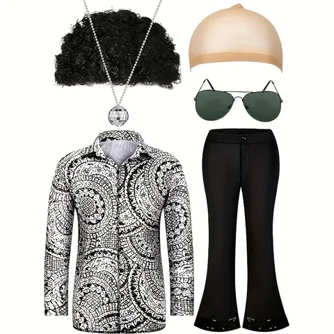 Disfraz Disco Retro de los 70 para Hombre Top Y Bottom Atuendo Clásico Camisa de Strass Pantalones de Campana de Lentejuelas