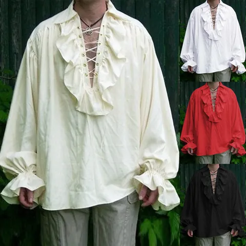 Chemise de Poète Médiévale de la Renaissance pour Hommes à Volants Lacets Col en V Manches Bouffantes Costume de Pirate Victorien Haut en Coton Rétro