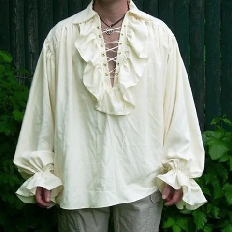 Chemise de Poète Médiévale de la Renaissance pour Hommes à Volants Lacets Col en V Manches Bouffantes Costume de Pirate Victorien Haut en Coton Rétro