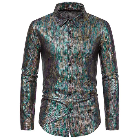 Metalen Slangenleer Goudstempel Heren Overhemd Lange Mouw Punk Mode Knoopsluiting Top Performance Party Shirt