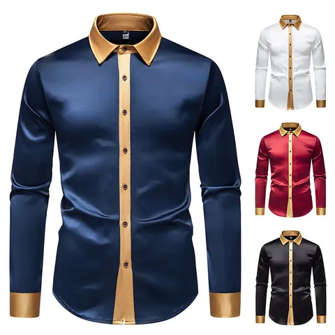 Men Luxury Satin Patchwork Long Sleeve Shirt Silk Smooth Contrast Color Button Down Casual Shirt Tops Retro Formal Shirt