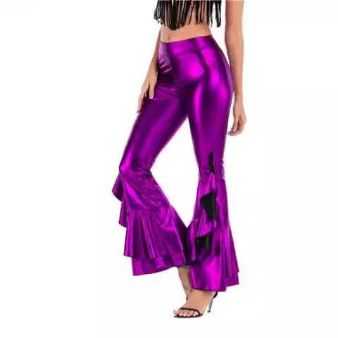Women's Sexy Metallic Faux Leather Flare Pants Ruffle Bell Bottom Trousers High Waist Slim Pants For Party Stage Club Wear
