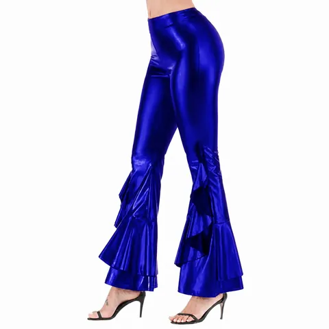 Women's Sexy Metallic Faux Leather Flare Pants Ruffle Bell Bottom Trousers High Waist Slim Pants For Party Stage Club Wear