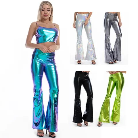 Women Shiny Metallic Flare Pants High Waist Liquid Luster Bell Bottom Leggings Disco Party Y2K Flare Trousers Slim Fit Pants