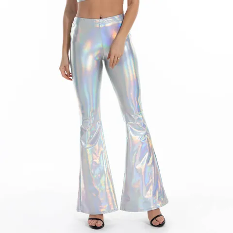 Women Shiny Metallic Flare Pants High Waist Liquid Luster Bell Bottom Leggings Disco Party Y2K Flare Trousers Slim Fit Pants