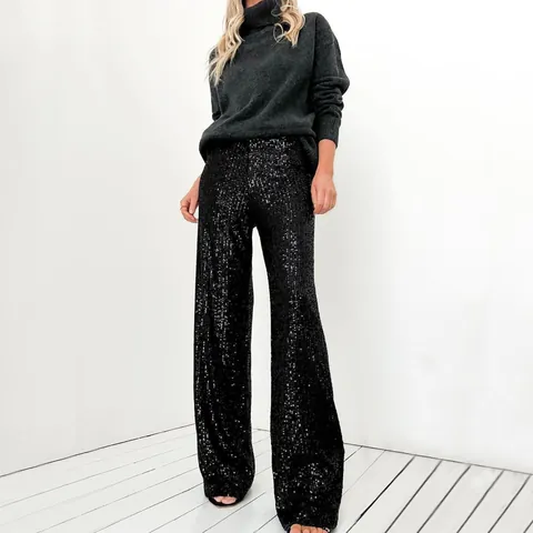 Women Fashion Sequin Pants Sparkly Straight Leg Trousers Glitter High Waist Casual Streetwear Party Clubwear Shiny Bottoms