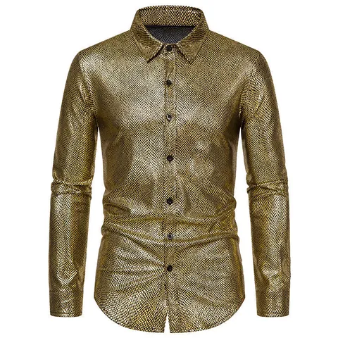 Metalen Slangenleer Goudstempel Heren Overhemd Lange Mouw Punk Mode Knoopsluiting Top Performance Party Shirt