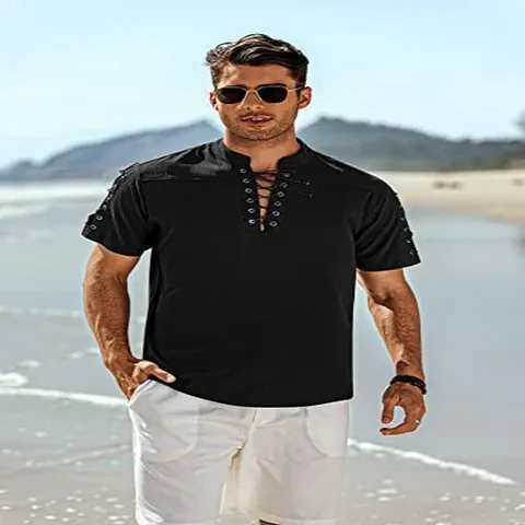 Men Retro Hippie Pirate Shirt Cotton Lace Up V Neck Short Sleeve Beach Top Renaissance Medieval Casual Viking Shirt