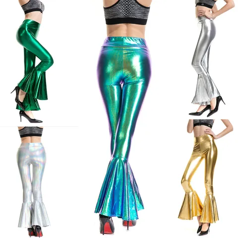 Women High Waist Metallic Flare Pants Holographic Shiny PU Leather Bell Bottoms Disco Party Stage Performance Trousers