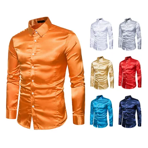 Lujosa Camisa de Satén Brillante para Hombre de Manga Larga con Botones Corte Ajustado Formal Fiesta Boda Casual de Negocios Top