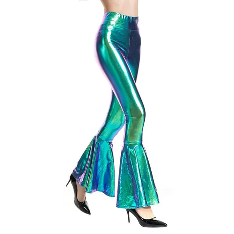 Women High Waist Metallic Flare Pants Holographic Shiny PU Leather Bell Bottoms Disco Party Stage Performance Trousers