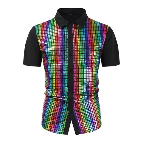 Men's Sequin Party Dress Shirt Short Sleeve Lapel Button Down Shiny Stage Performance Cosplay Costume Top