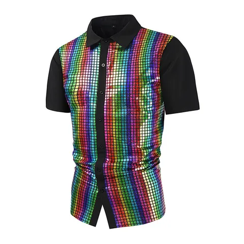 Men's Sequin Party Dress Shirt Short Sleeve Lapel Button Down Shiny Stage Performance Cosplay Costume Top