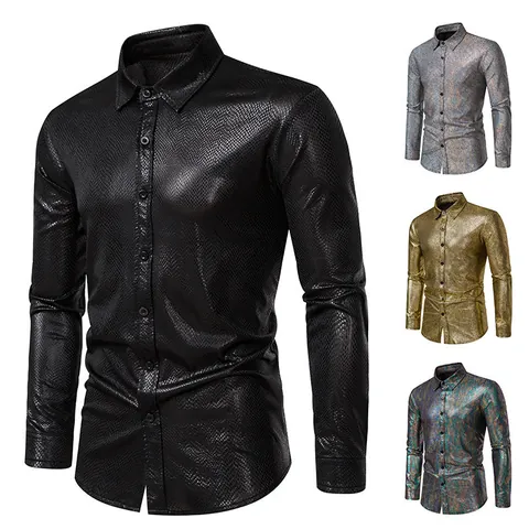 Men's Fashion Snake Skin Metallic Shiny Shirt Slim Fit Long Sleeve Hot Stamping Button Down Lapel Top For Banquet Party Stage
