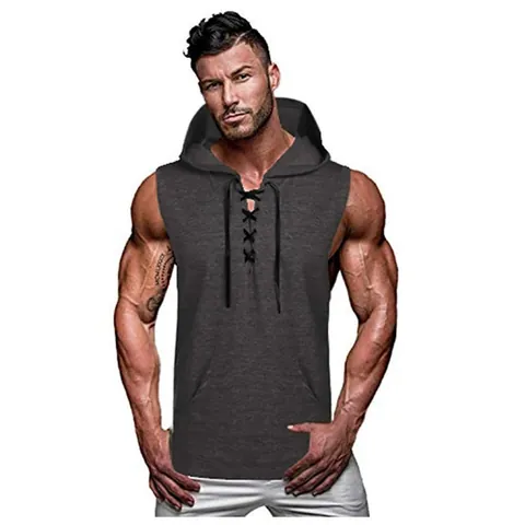 Ανδρικό Casual T-Shirt με Κουκούλα από Μείγμα Βαμβακιού Αμάνικο Γιλέκο με Κορδόνια Μπροστά και Τσέπη Καγκουρό
