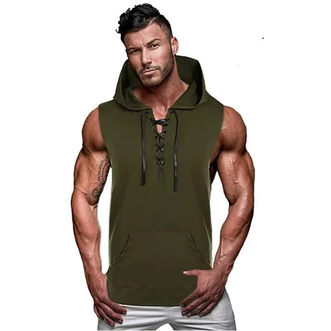 Ανδρικό Casual T-Shirt με Κουκούλα από Μείγμα Βαμβακιού Αμάνικο Γιλέκο με Κορδόνια Μπροστά και Τσέπη Καγκουρό
