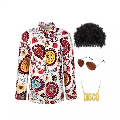 Retro Jaren Zeventig Disco Kostuum Heren Halloween Hippie Bloemen Overhemd Set Met Afro Pruik Pilotenbril Gouden Ketting Halsketting Party Outfit