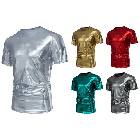 Maglietta da Uomo in Lino Metallizzato Lucido Girocollo Manica Corta Top per Festa Performance Clubwear Tessuto Lucido Top
