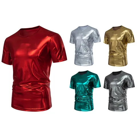 Maglietta da Uomo in Lino Metallizzato Lucido Girocollo Manica Corta Top per Festa Performance Clubwear Tessuto Lucido Top