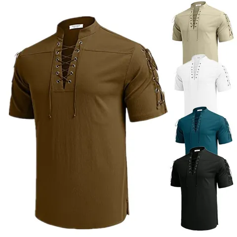 Camicia da Spiaggia da Uomo Stringata con Scollo a V a Maniche Corte Hippie Pirata Top Estivo Casual Largo in Cotone e Lino
