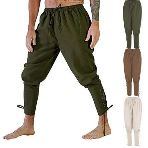 Men's Casual Linen Blend Pants Medieval Vintage Pirate Trousers Drawstring High Waist Ankle Bandage Harem Pants