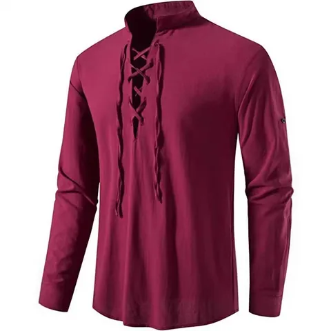 Chemise Henley Décontractée en Coton pour Hommes Vintage à Lacets Col Montant Manches Longues Hippie Beach Top Homme