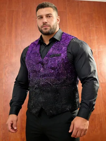 Men Gradient Sequin Suit Vest For Stage Performance Bar Waiter Slim Fit V-Neck Single-Breasted Polyester Sequin Waistcoat Top