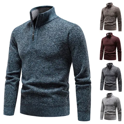 Herren Stehkragen Viertel Reißverschluss Pullover Fleece Gefüttert Thermische Strickwaren Meliert Langarm Top Herbst Winter