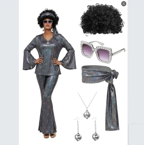 Disfraz Disco Años 70 para Mujer Parte Superior y Inferior Con Peluca Afro Gafas de Sol Collar Pendientes Atuendo Retro