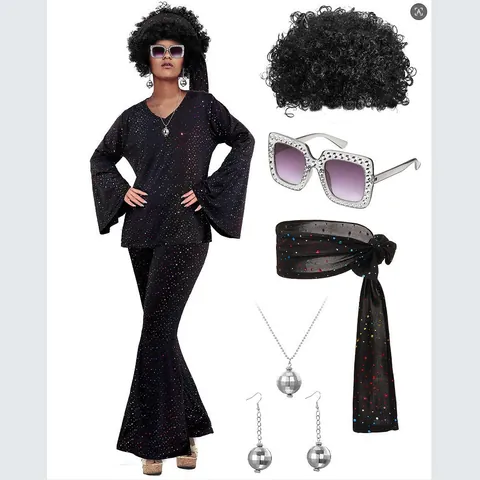 Disfraz Disco Años 70 para Mujer Parte Superior y Inferior Con Peluca Afro Gafas de Sol Collar Pendientes Atuendo Retro