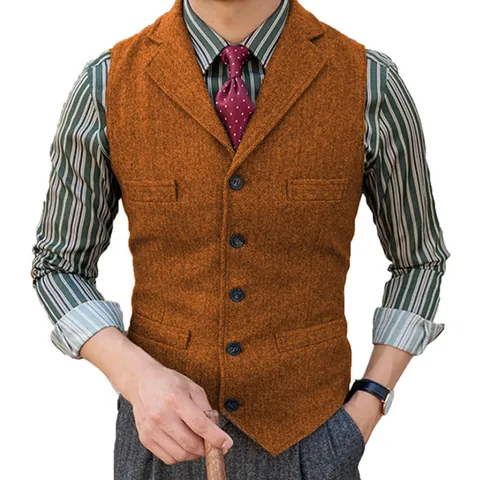 Herren Slim Fit Fischgräten Tweed Anzugweste Einreihig Revers Business Casual Weste Für Hochzeit Trauzeugen Top