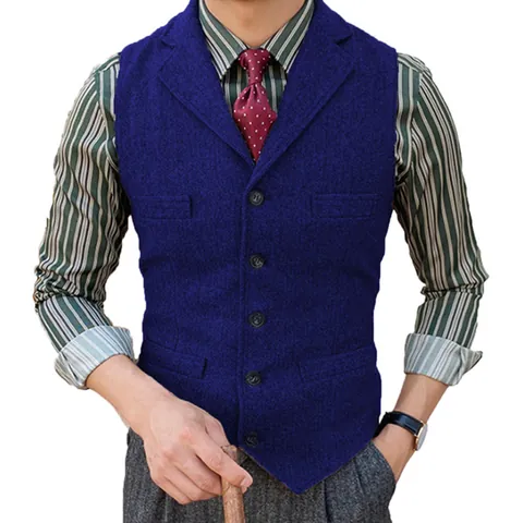 Herren Slim Fit Fischgräten Tweed Anzugweste Einreihig Revers Business Casual Weste Für Hochzeit Trauzeugen Top