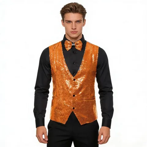 Men Sequin Stage Vest With Bow Tie Shiny Glitter Waistcoat For Performance Party Host Wedding Singer Costume Slim Fit Top
